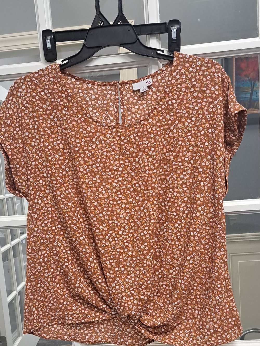 SO Rust Floral Twist-Front Short Sleeve Top Size L